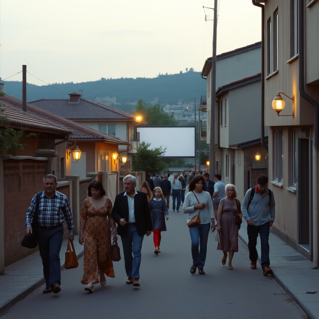 Small groups walk and talk along a neighbourhood street, separating at a corner after an outdoor film.