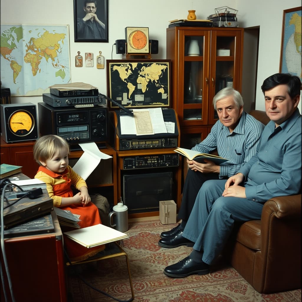A family listens as a licensed amateur radio operator tunes a home station beside a logbook and QSL cards