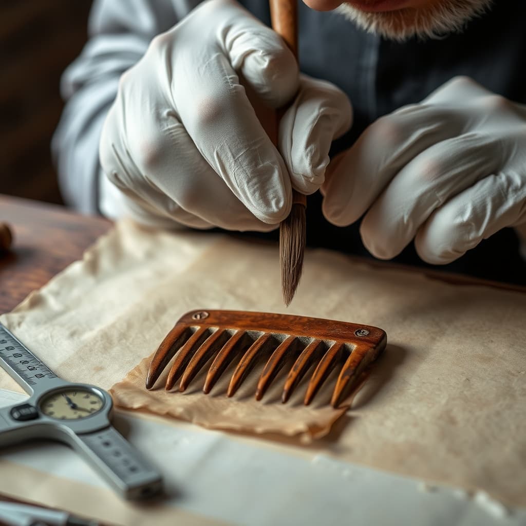 An old brown comb with worn teeth rests on archival tissue while a conservator examines its condition.