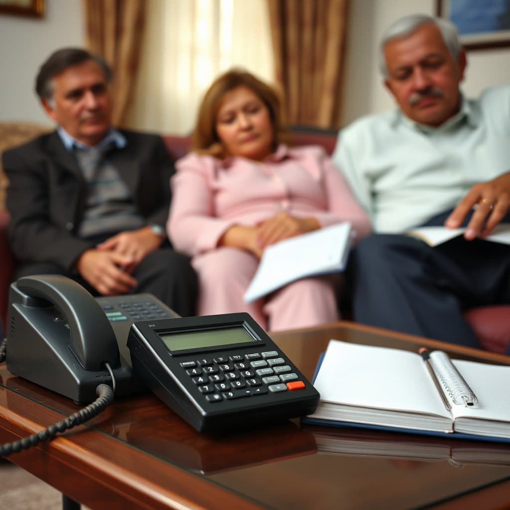 A pager rests beside a corded telephone as an adult prepares to return a call in a shared sitting room.