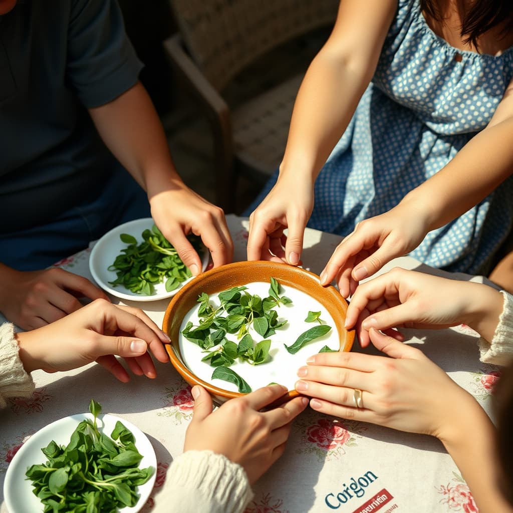 Family hands pass a ceramic bowl of purslane with yoghurt across a crowded summer table.