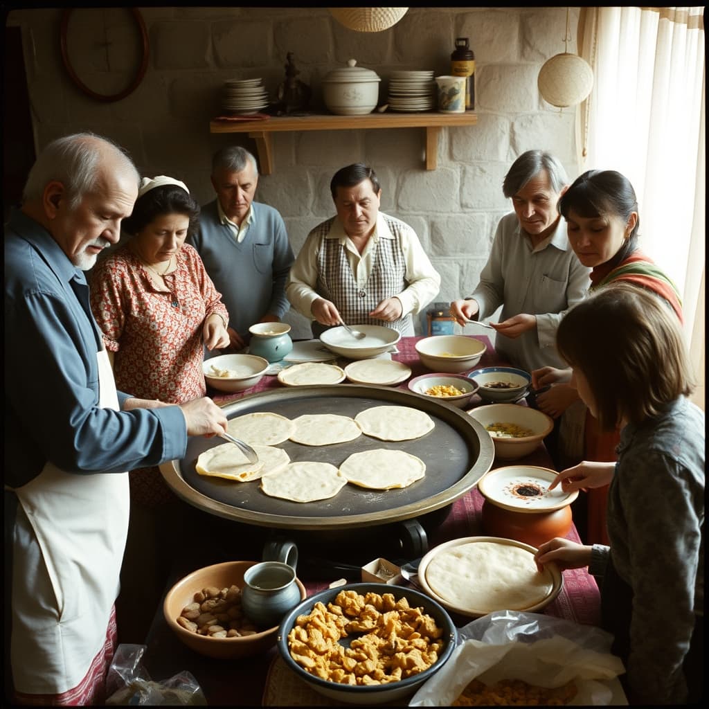 Family members share the rolling, filling, cooking, serving, and cleanup work for gözleme