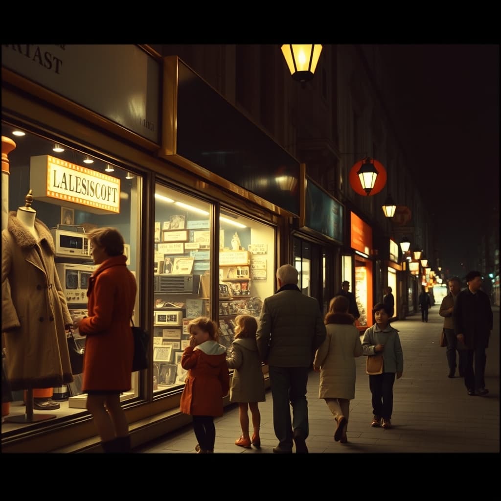 Families pause before illuminated shop windows on an accessible Turkish shopping street in the early 1970s