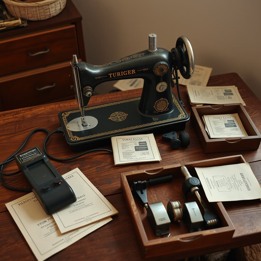 A treadle base, electric controller, and presser feet are separated for careful identification beside sewing-machine manuals