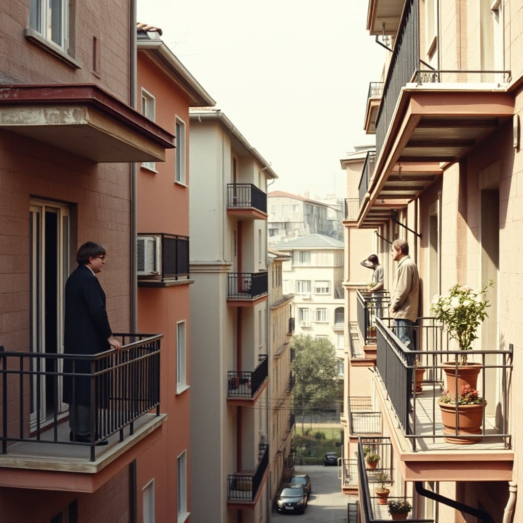 Neighbours exchange a brief weather warning from two secure apartment balconies
