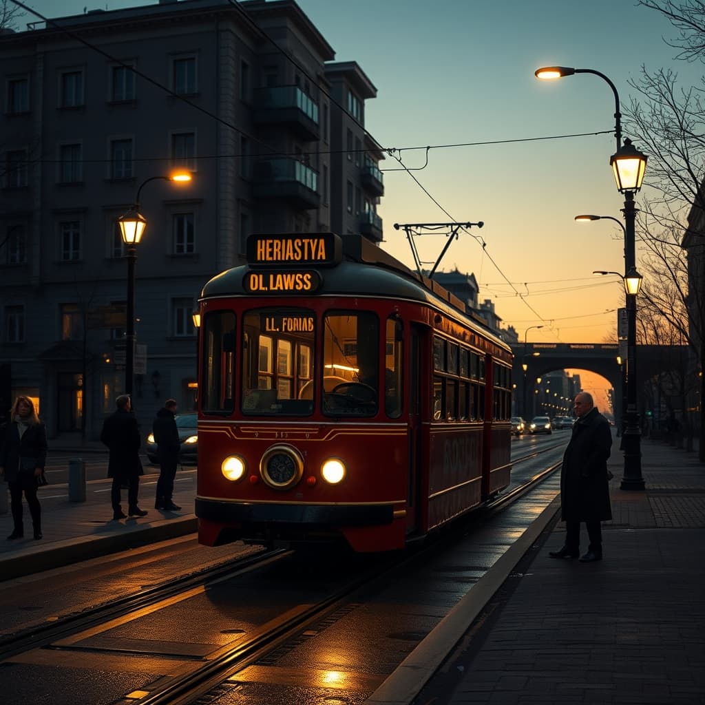 A city tram travels along wet rails beneath street lamps as passengers wait at an evening stop.