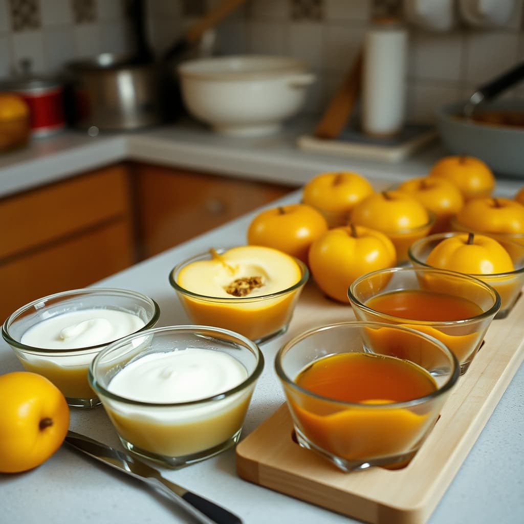 Cinnamon quince dessert cools in shallow containers while dairy topping is kept separately for safe serving