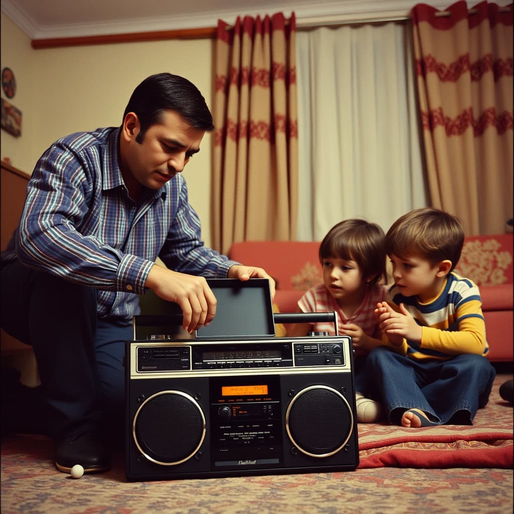 A family listens to a vintage boombox at modest volume while an adult checks its battery compartment