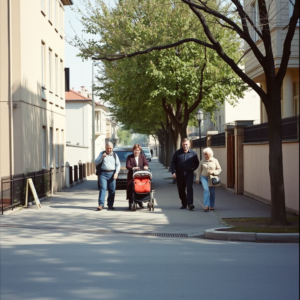 A clean accessible neighbourhood street supports families setting out together on a Sunday morning