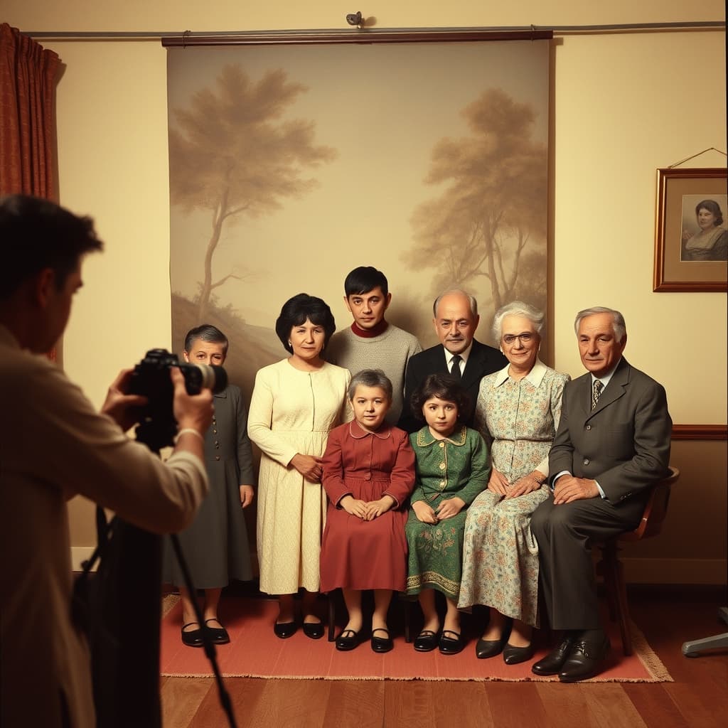 A studio photographer and assistant prepare a multigenerational family portrait beside its negative envelope and register