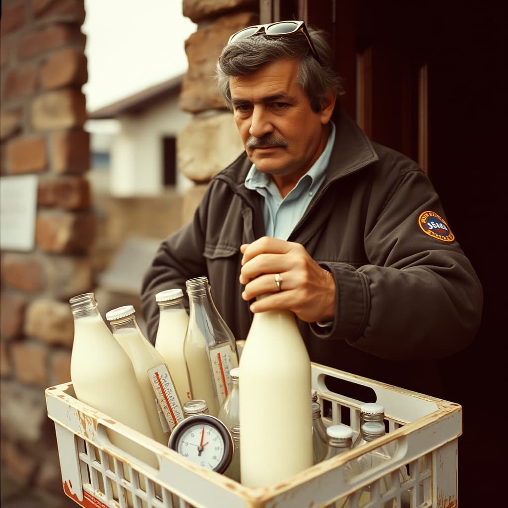 A milkman delivers sealed bottles from a clean insulated crate while returned empties remain separated