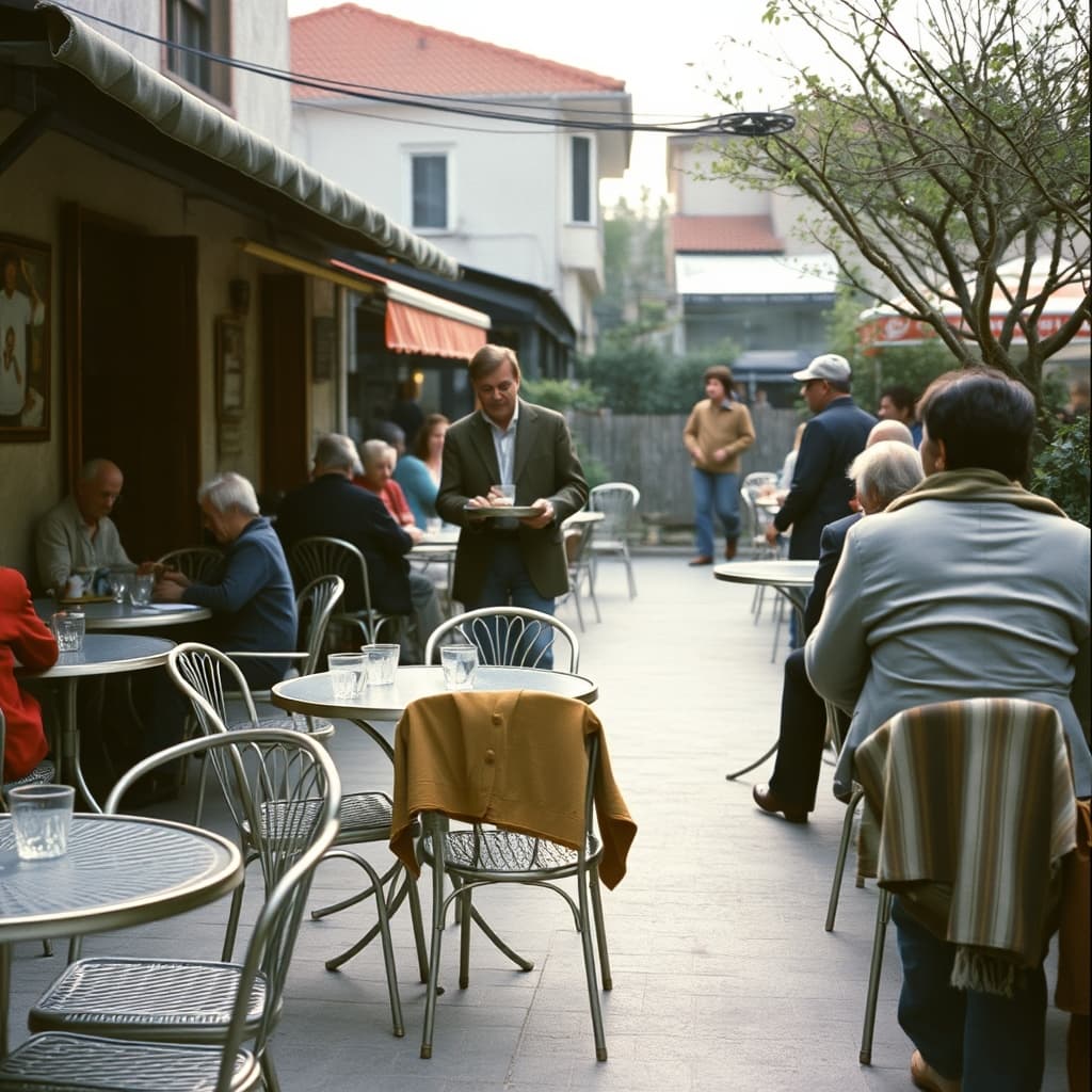 Visitors share tables in a Turkish tea garden as one person asks before moving an empty chair.