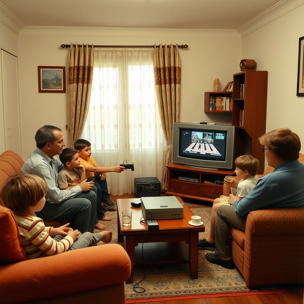 A family passes a wired game controller in a living room with cables arranged safely away from feet.