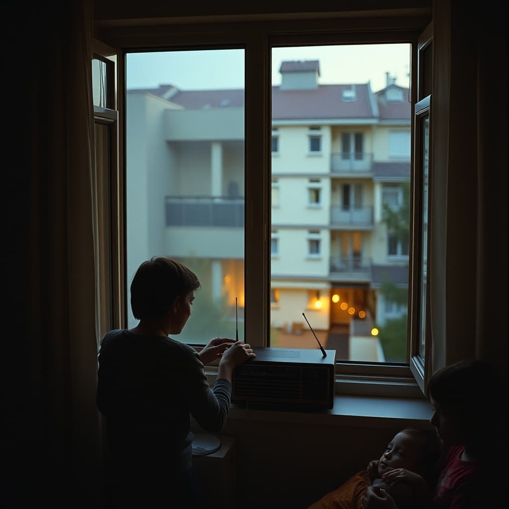 A family keeps a radio at considerate volume away from an open window overlooking a shared courtyard