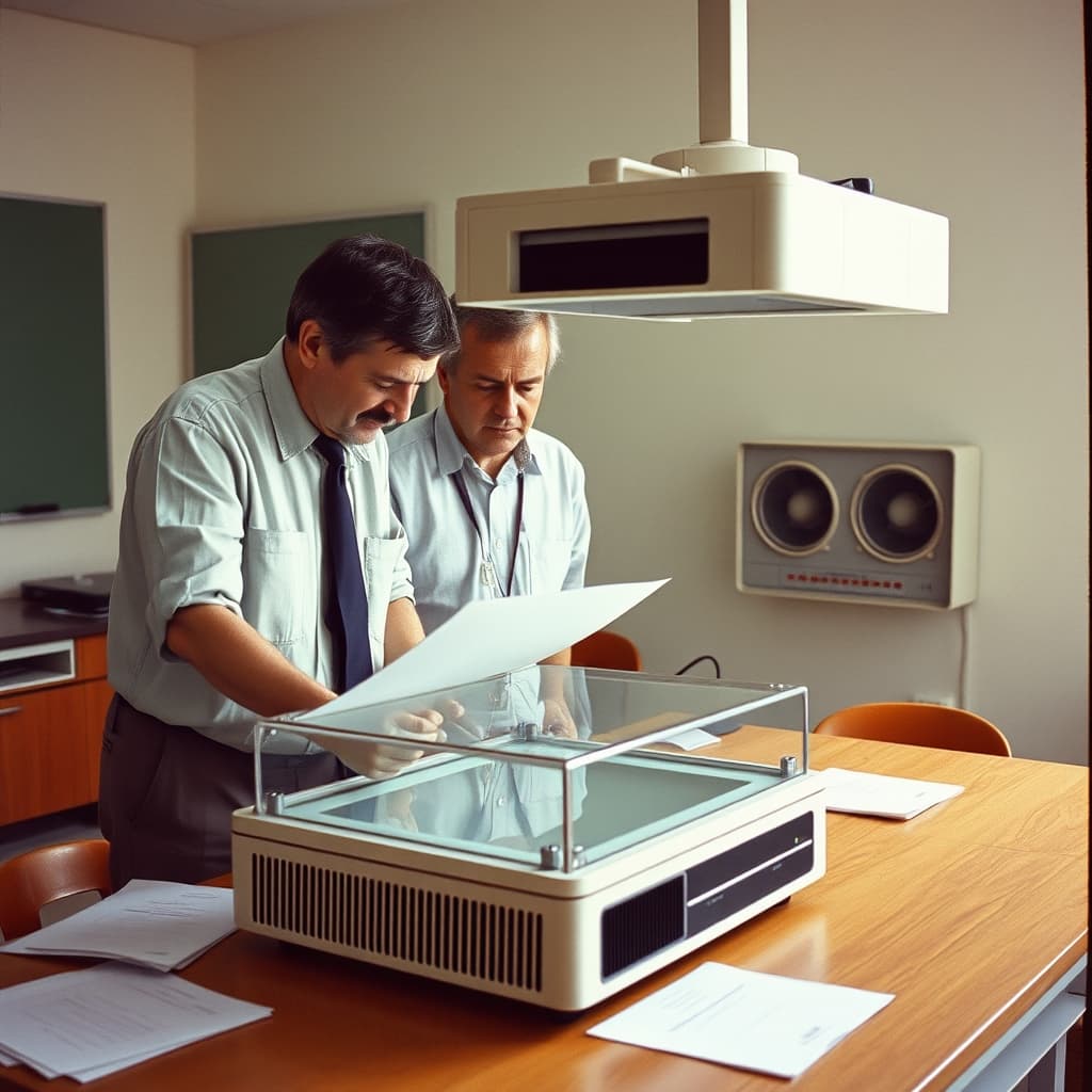 A technician and teacher inspect a cooled overhead projector beside transparencies stored in sleeves.