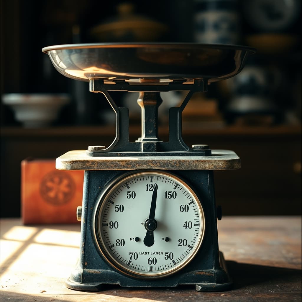 A conservator documents an old balance scale and its stamped weights before cleaning