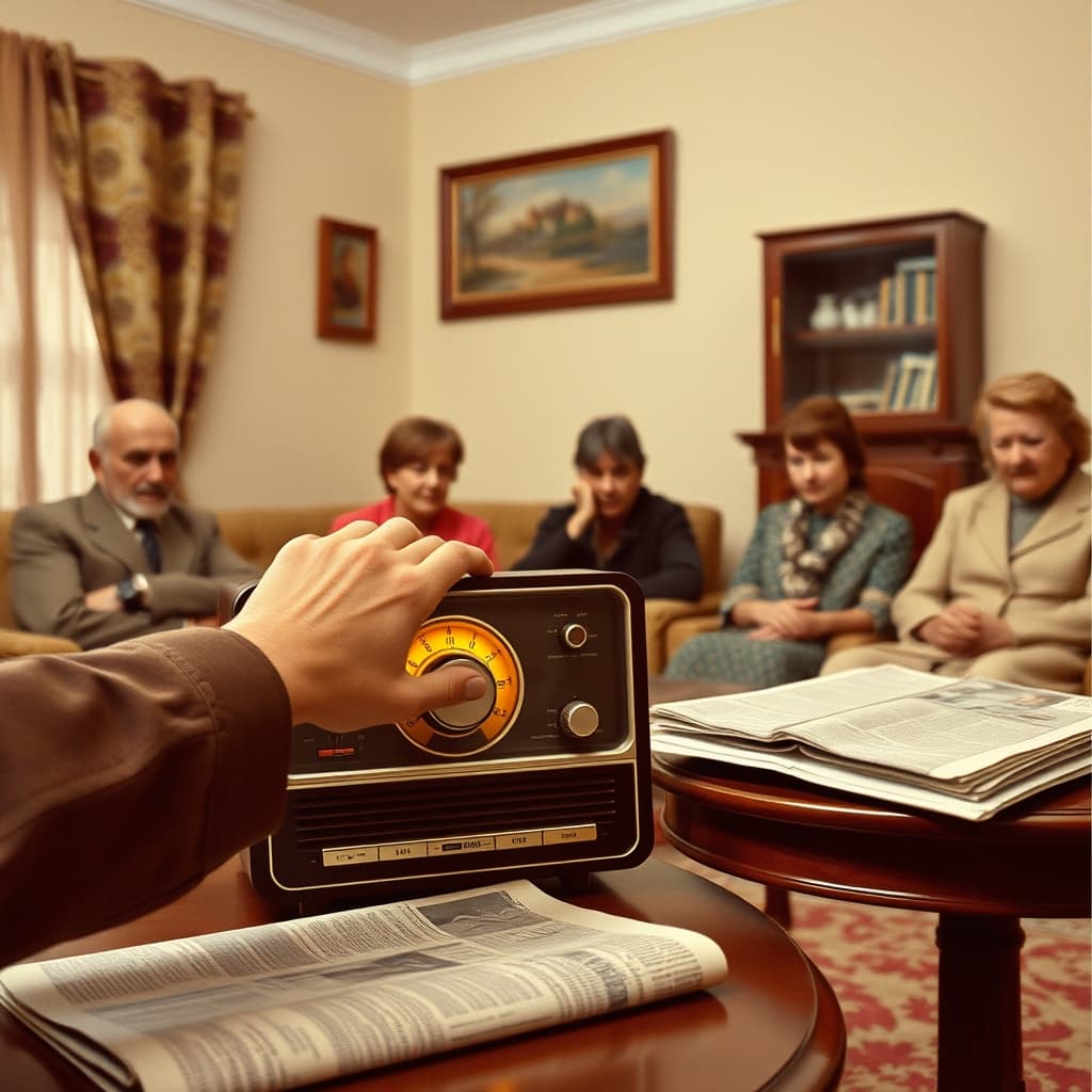 An adult carefully tunes a tabletop radio dial while family members wait in a modest sitting room.