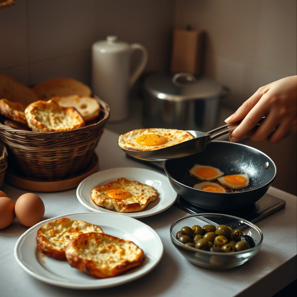 Golden eggy bread is prepared on a clean plate in a modest kitchen set for a pre-dawn sahur meal.