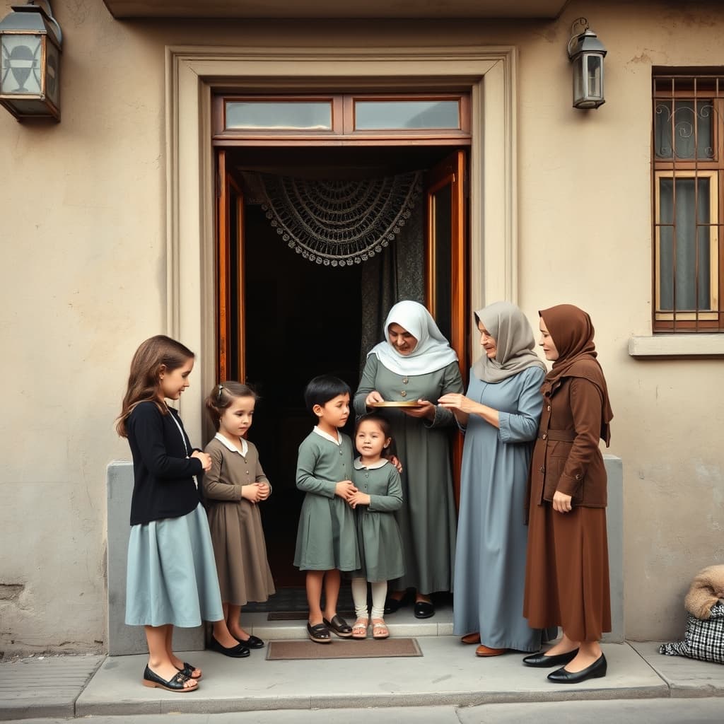 A family gathers at an open doorway for Bayram visits while a resident prepares a tray inside.