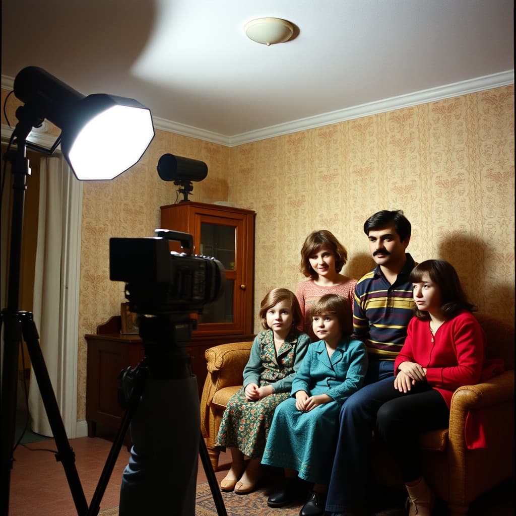 A photographer angles a flash toward a white ceiling before taking a family portrait