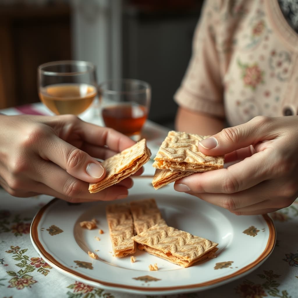 Hands divide a thin layered kağıt helva wafer into unequal pieces above a plate scattered with crumbs.