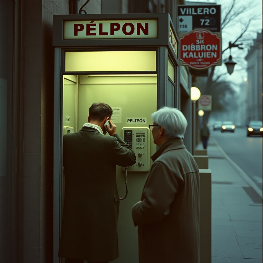 An adult uses a public telephone booth while two people wait outside at a respectful distance.