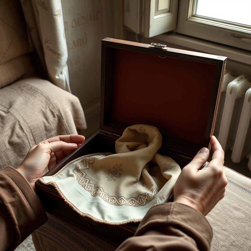 Adult hands gently support a folded silk scarf inside an open vintage keepsake box.