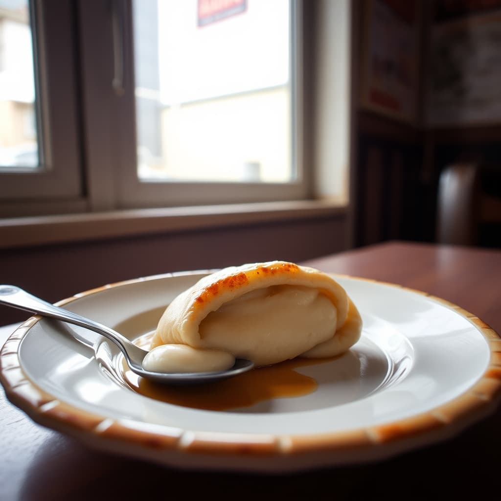 A spoon touches a folded kazandibi portion with its browned face and pale pudding interior visible.
