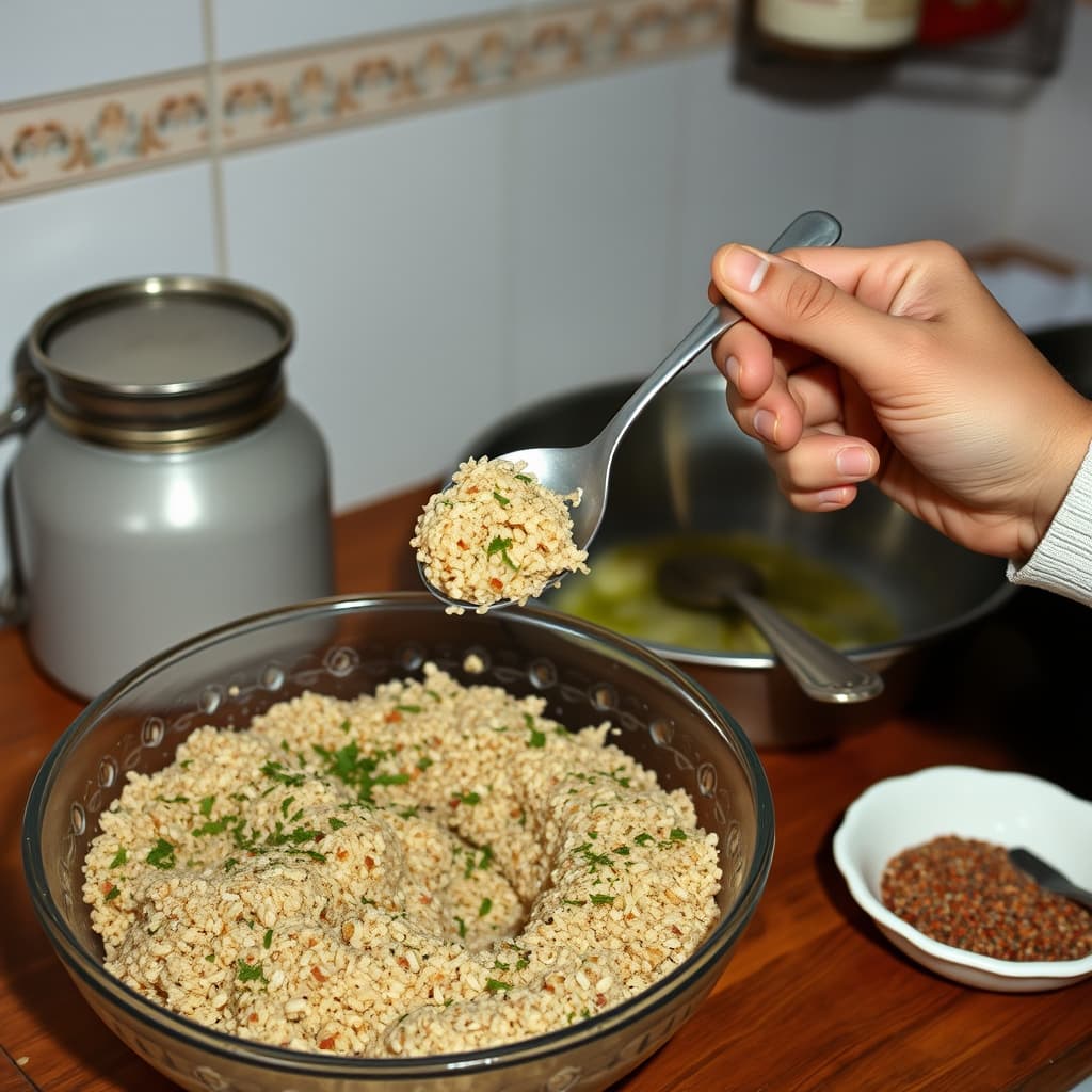 A bowl of kısır, culinary sumac and a small tasting portion sit beside an empty serving dish in a home kitchen.
