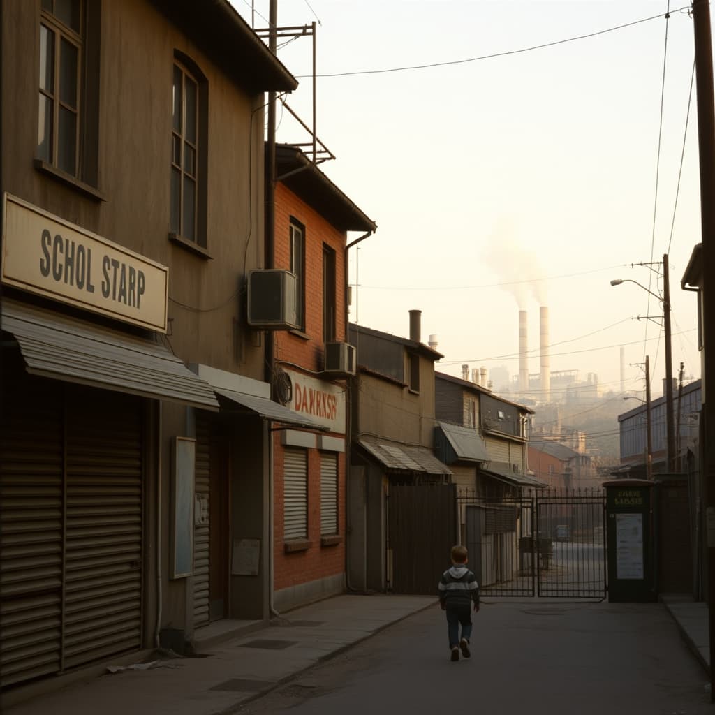 A child walks toward a school gate as shops open beneath distant factory roofs in an old industrial district.