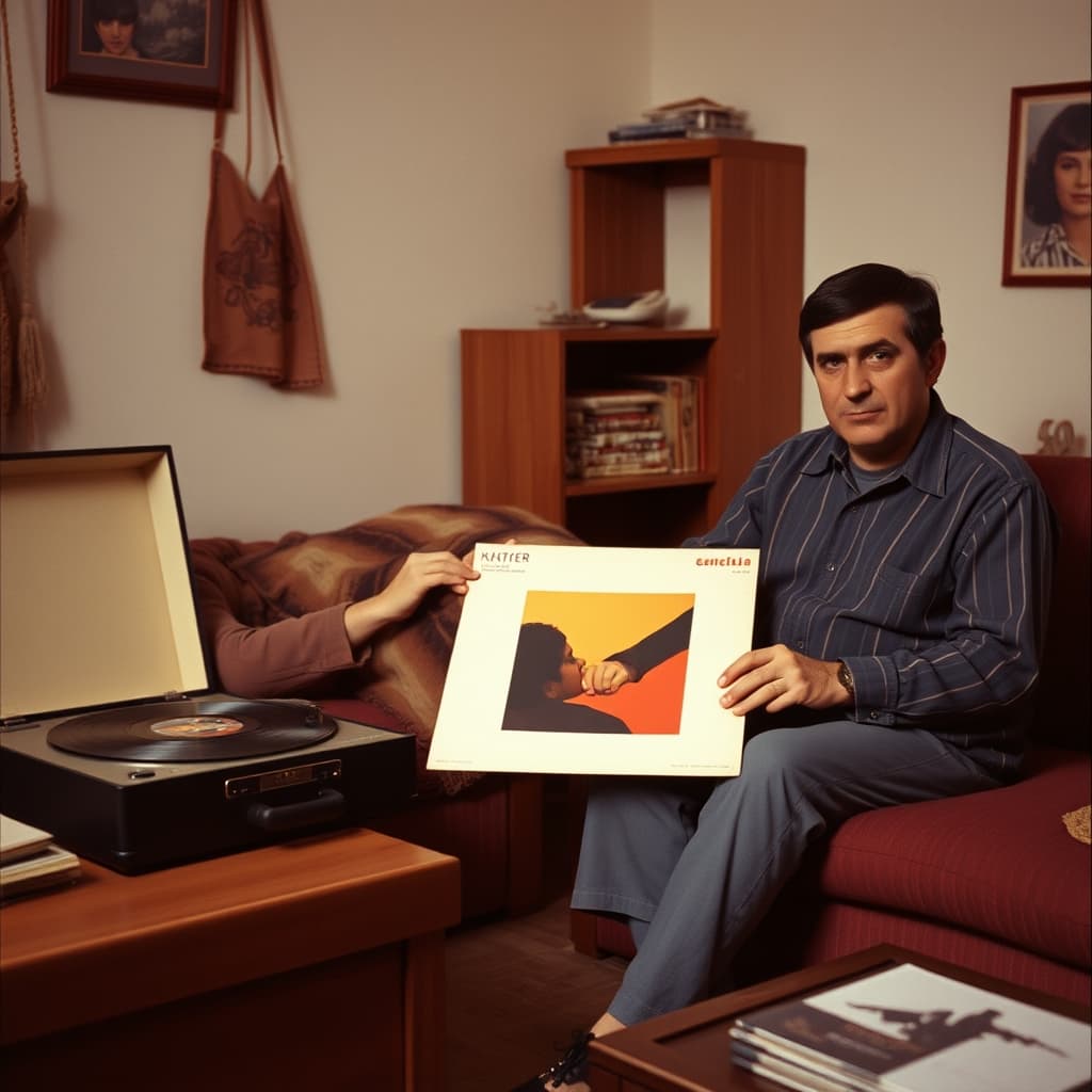 Adults pass a record sleeve between chairs while a record player stands nearby in a sitting room.