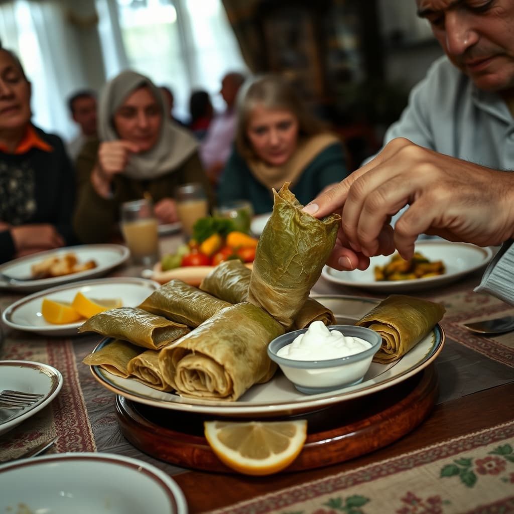 An adult takes the first vine-leaf sarma from a crowded Turkish holiday table with lemon and yogurt nearby.