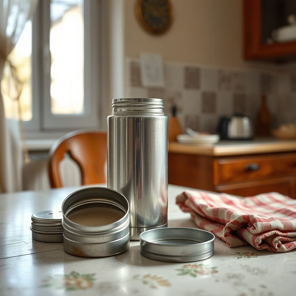 A cleaned metal food thermos retains a small dent near its base, with its matching lid and a folded cloth beside it.