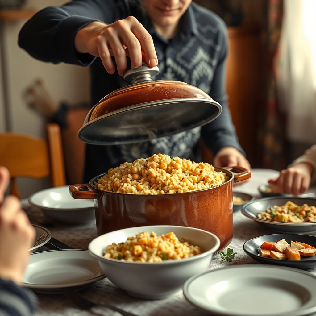 An adult lifts the lid from a pot of chickpea rice pilaf as the family waits at the table.