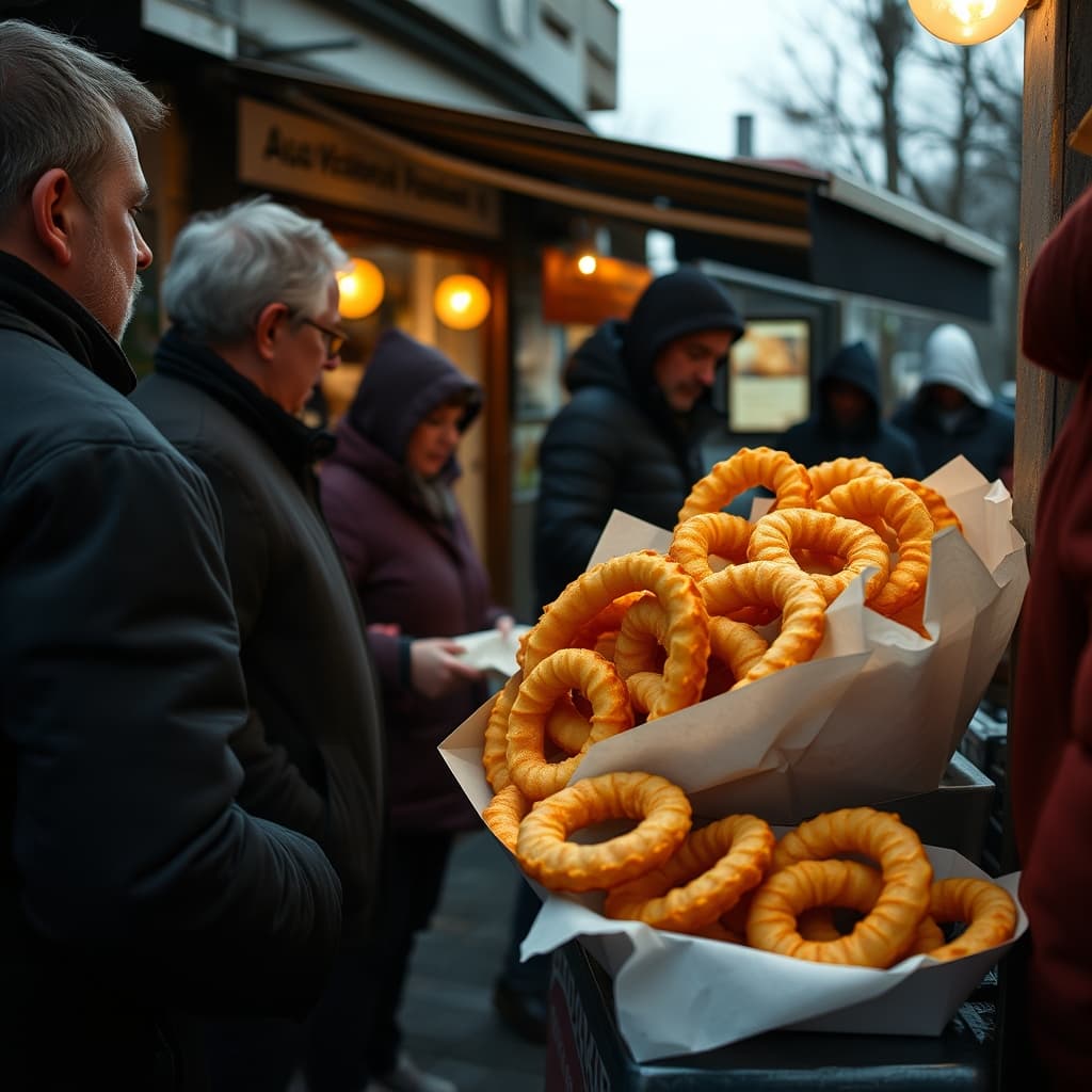 Fresh ridged halka tatlı is placed on a tray at a street stall while customers wait on a cool autumn evening.