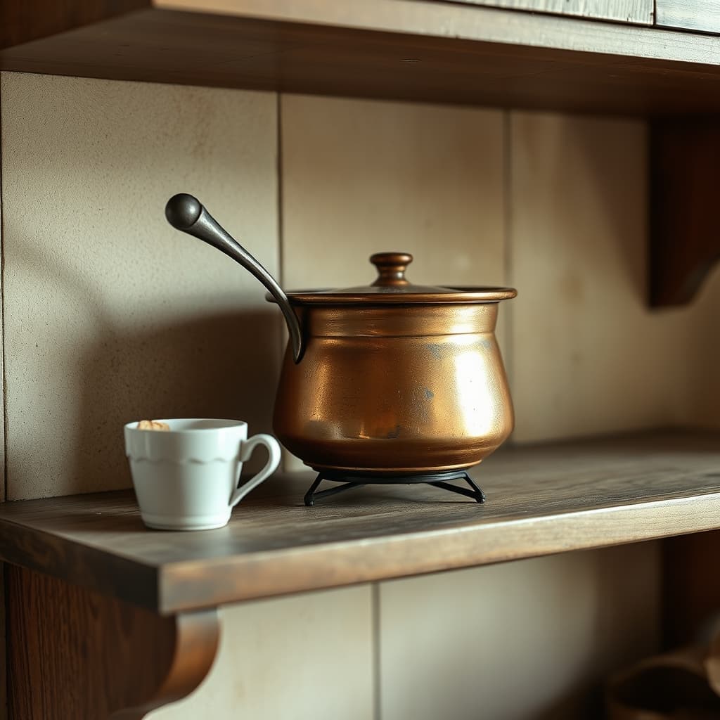 A small copper cezve rests on a kitchen shelf with its handle extending into an open space beside a cup.
