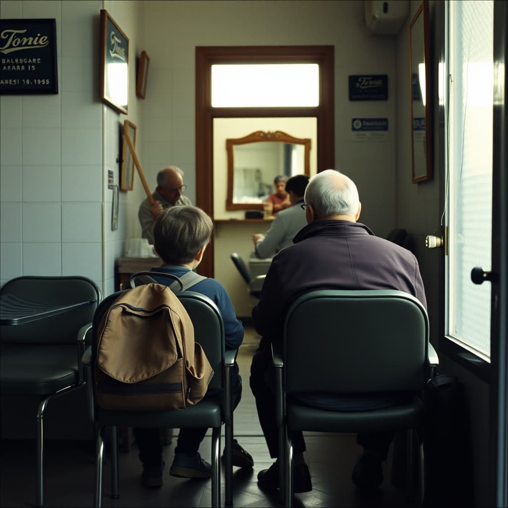A child with a schoolbag waits beside a parent in a neighbourhood barbershop.
