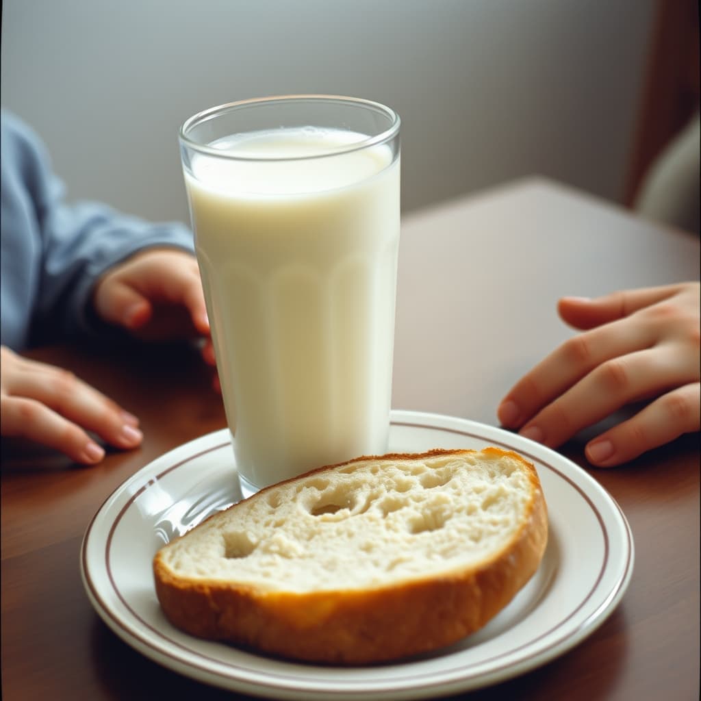 A plain glass of ayran and bread sit between a child’s and an adult’s hands at a household table.