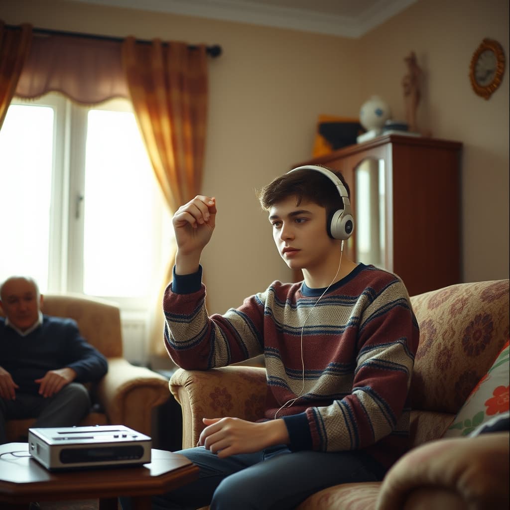 A young adult removes wired headphones to speak to a relative beside a portable cassette player.
