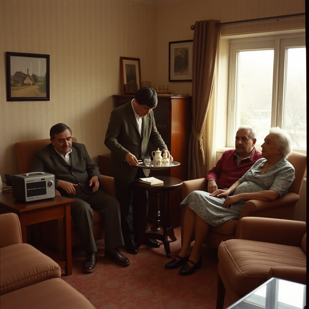 An adult sets down a tea tray beside a transistor radio while relatives listen from separate chairs.