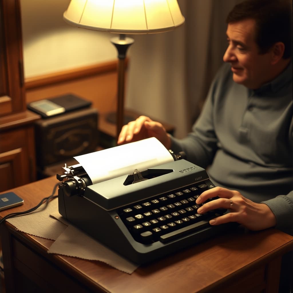 An adult pauses before a typewriter with a sheet in its carriage on a modest desk.