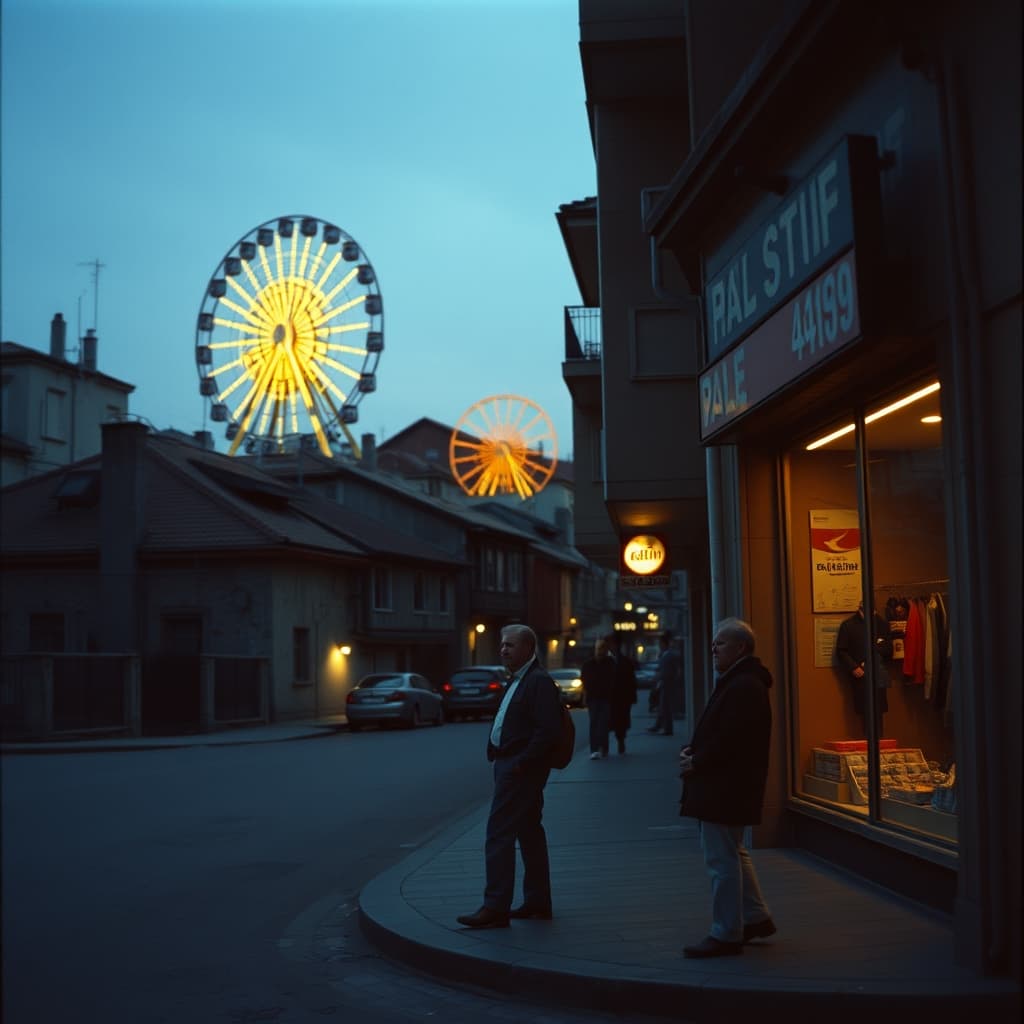 Amusement-park lights appear between apartment rooftops and reflect faintly in a street-level window.