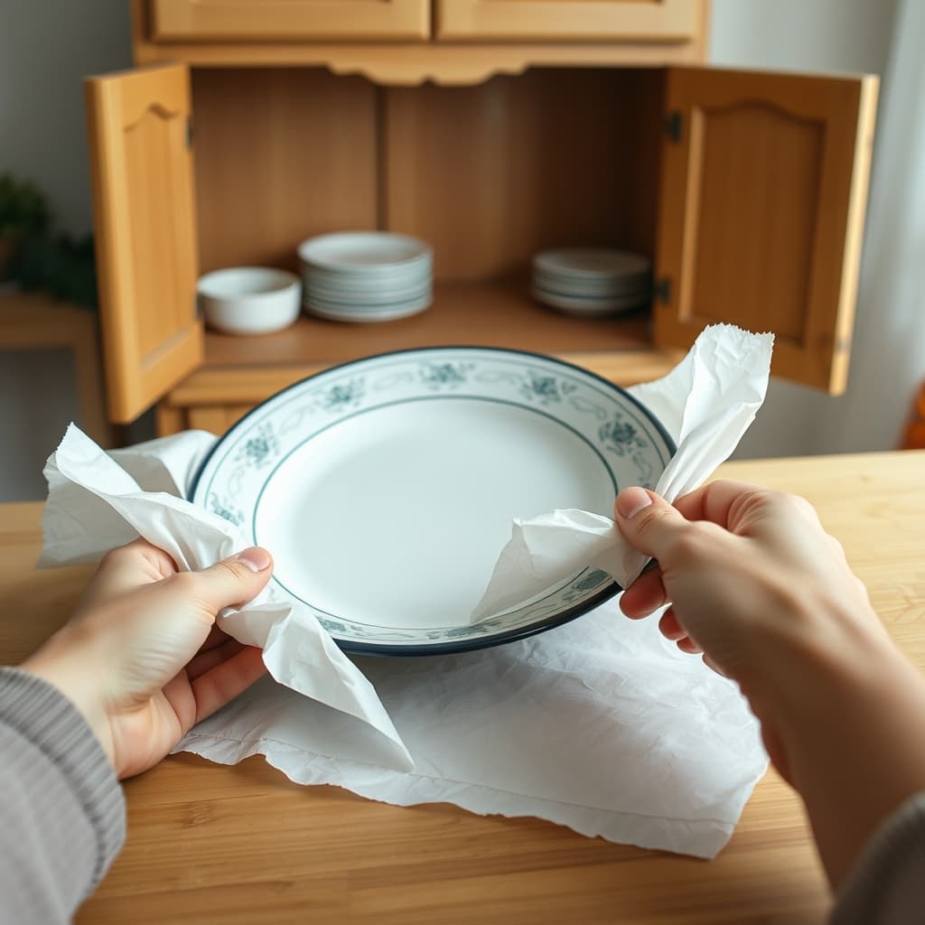 Hands unwrap an enamel plate beside an open cupboard in a kitchen being arranged after a move.