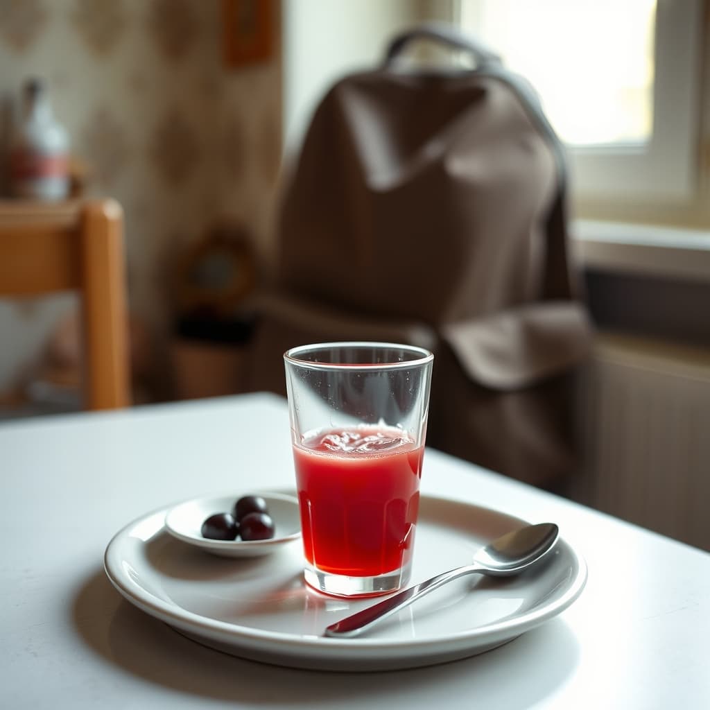 A glass of red sour-cherry sherbet sits beside a plate and spoon, with a schoolbag in the background.