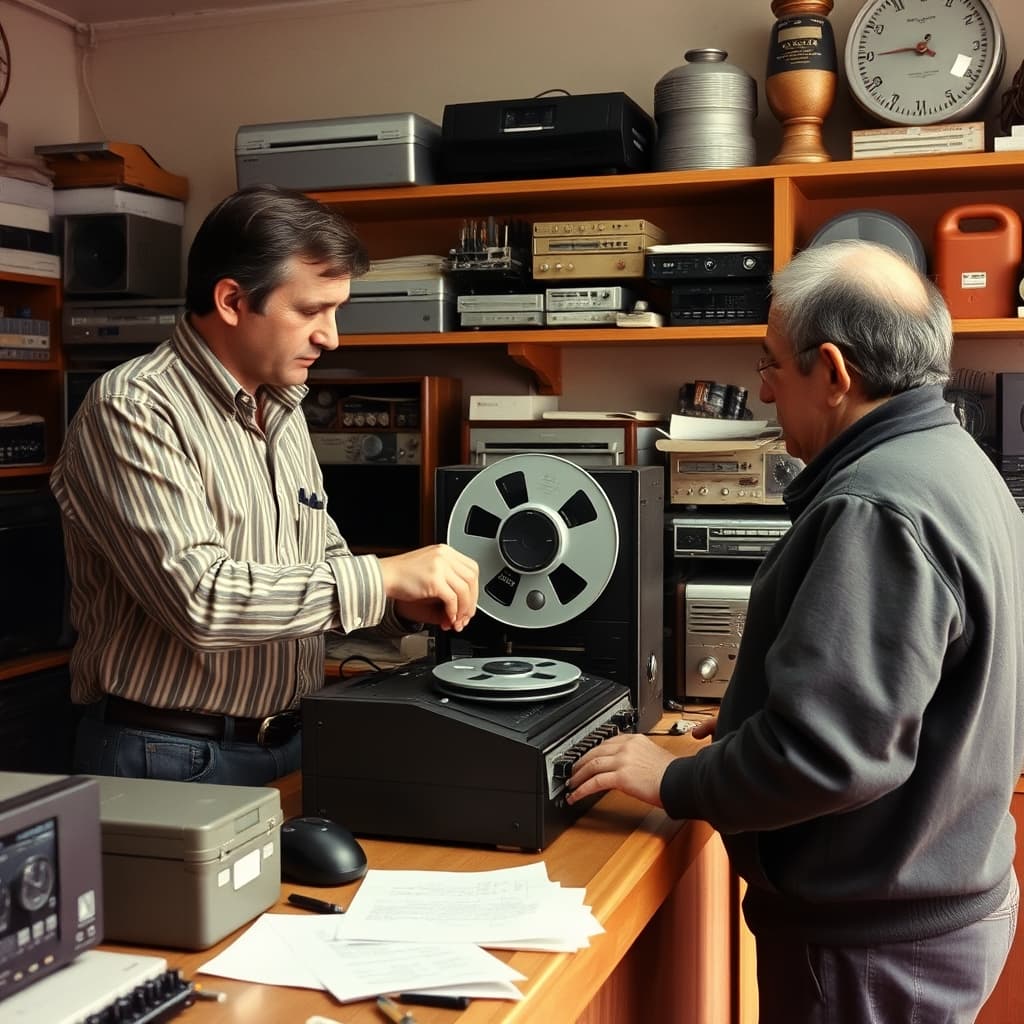 A technician explains a reel-to-reel recorder to its owner across a small repair-shop counter.