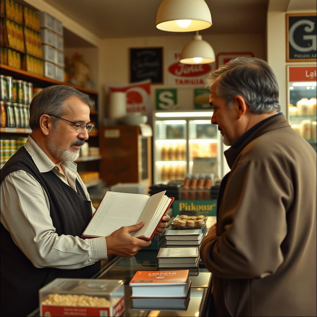 A shopkeeper closes a plain notebook while greeting a customer across a neighbourhood grocery counter.