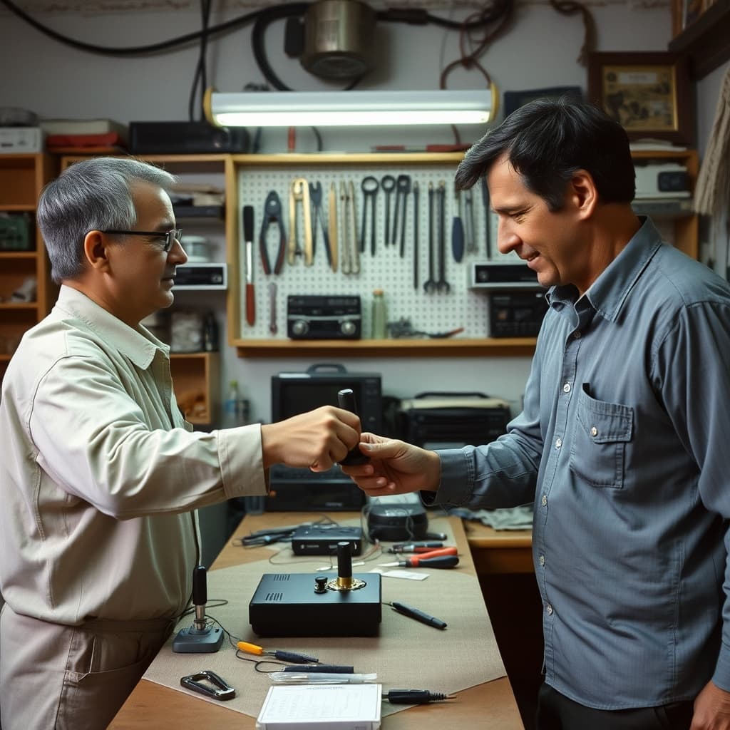 A repair technician hands a wired joystick back to its owner across an electronics workbench.