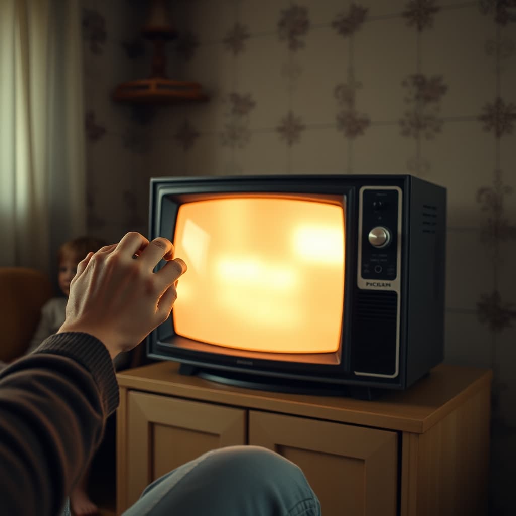An adult adjusts an exterior control on a tube television while the family waits for the picture.