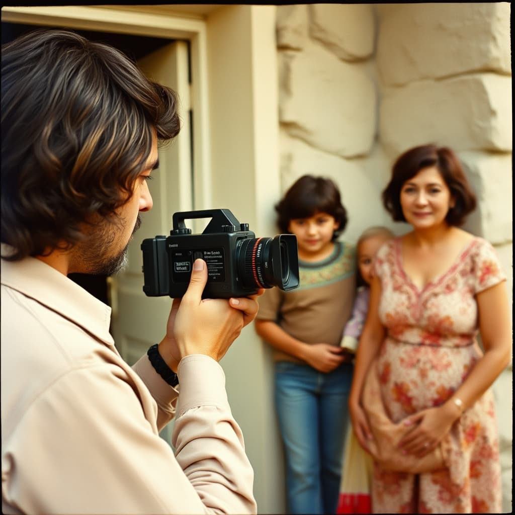 An adult checks a Super 8 camera position while family members wait beside a doorway before filming.