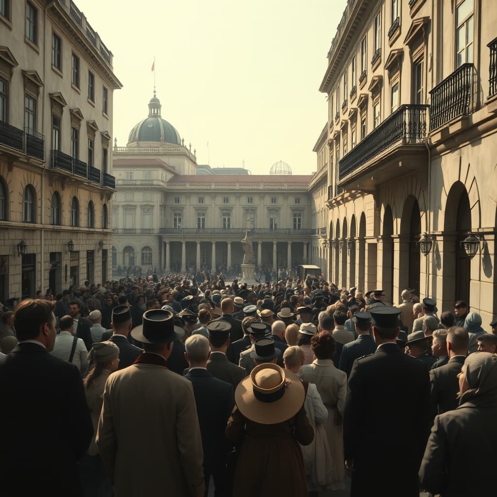 A mixed civilian crowd gathers below Lisbon’s municipal balcony on the morning of the republican proclamation.